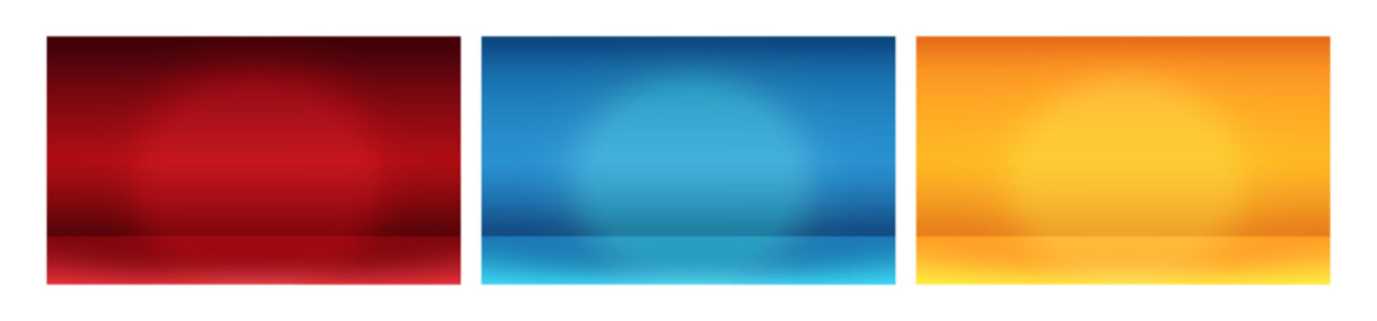 Empty studio room. Realistic blank interior wall with soft spot light, limbo dark red blue yellow background abstract gradient texture photography backdrop 3d vector illustration