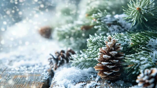 A snow-covered pine cone nestles among the branches of a vibrant green evergreen tree, evoking the cozy ambiance of the holiday season.
