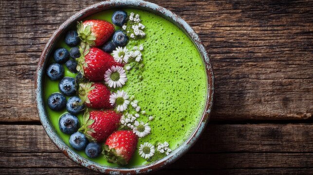 Bright green smoothie bowl with fresh strawberries and blueberries.