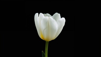 Single White Tulip Flower Isolated on Black Background, Elegant Floral Element for Design