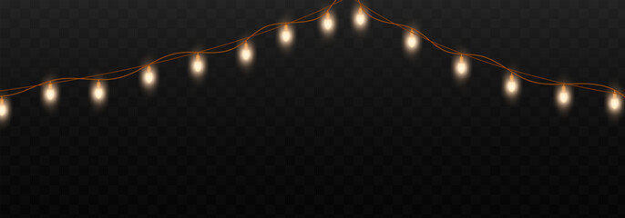 Realistic electric garland. Led lamps on string, yellow light bulb festive christmas new year birthday party decoration garlands ribbon transparent background vector illustration © ssstocker