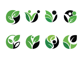 Collection of green leaf and human silhouette logos on