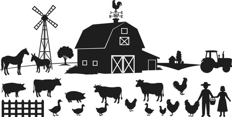 Traditional farm silhouette illustration, barn windmill tractor animals rustic countryside scene, rooster weather vane decor, black flat vector design collection