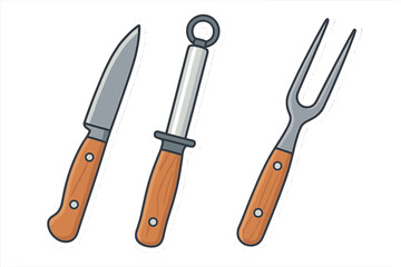 Fototapeta premium Professional meat carving set featuring a sharp knife, honing steel, and large serving fork