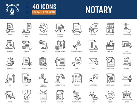 Notary icon set. Includes affidavit,acknowledgement, authentication, attestation,seal, certificate, jurat and more. Vectorillustration with editable strokes