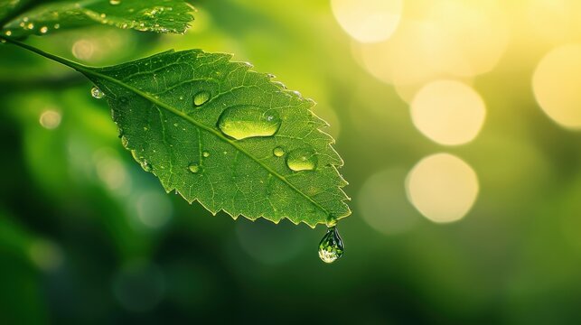 Closeup of a green leaf with water droplets in soft sunlight, showcasing natures delicate beauty and freshness