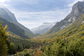 Fototapeta premium Majestic Prokletije mountains surrounded by clouds and forest