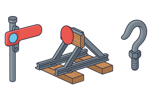 Railroad safety equipment collection: semaphore signal, track buffer stop, and heavy duty hook