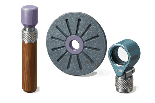 Collection of precision tools including a magnifying loupe, abrasive disc, and wooden handled instrument