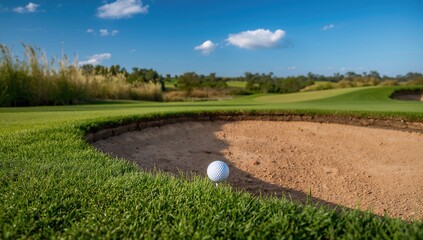 Golf ball teetering on the brink of a sand trap on a golf course, focus on precision