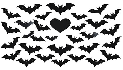 Silhouette illustration of several bats flying towards a central heart shape, all set against a white background
