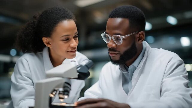 Scientists collaborating in clean laboratory while examining nanotechnology devices through advanced microscope, symbolizing teamwork, futuristic discoveries, and groundbreaking research progress.