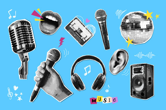 Music halftone collage. Microphone, speaker headphones sing ear mouth karaoke broadcast record mic mike elements retro pop art cutout vintage stickers, exact vector illustration