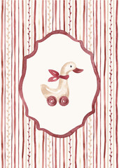 Obraz premium Baby shower card. Oval frame with vintage toy goose, burgundy, beige, branches and lines ornament. Retro card design hand drawn with watercolor. Hello baby, new born, birthday card, banner, invitation