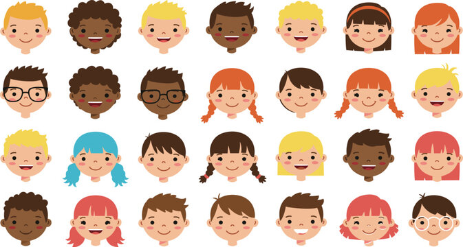 Diverse group of happy cartoon children faces, multicultural kids characters, cute smiling boys and girls avatars for education and design