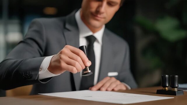 Senior auditor stamping approval on finalized financial report, face calm yet satisfied, symbolizing accuracy, fiscal accountability, audit transparency, and emotional relief in high-stakes