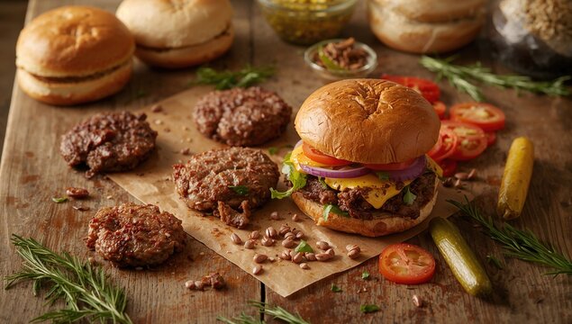 Disassembled components of a burger arranged on a wooden surface, food preparation technique, World Burger Day