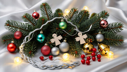 An exquisite composition of Christmas decorations fir branches, shimmering garlands and shiny balls. Create a festive atmosphere with silver and mother-of-pearl Christmas decorations.