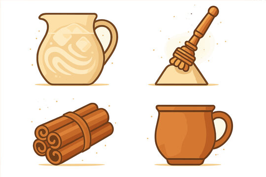 Traditional Mexican beverage ingredients set featuring horchata pitcher, molinillo whisk, cinnamon sticks, and clay mug