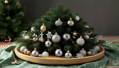 An exquisite composition of Christmas decorations fir branches, shimmering garlands and shiny balls. Create a festive atmosphere with silver and mother-of-pearl Christmas decorations.