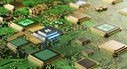 Advanced Technology Concept Featuring Microchips and Circuits in Green and Gold Colors