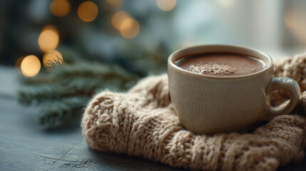 A mug of hot chocolate on a knitted scarf with christmas tree and bokeh lights in the background