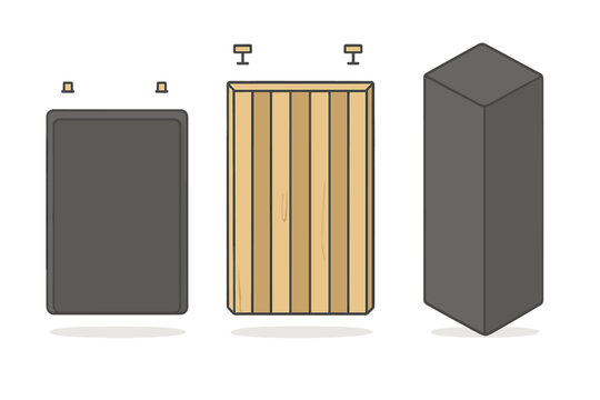 Three rectangular objects displaying various materials and forms for interior design