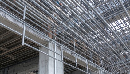 Lightning protection system installation featuring bent and tied metal reinforcement rods for an industrial structure.
