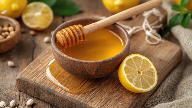 Honey in a wooden bowl accompanied by a dipper and lemon on a rustic kitchen countertop, fiber-dense choice - Powered by Adobe