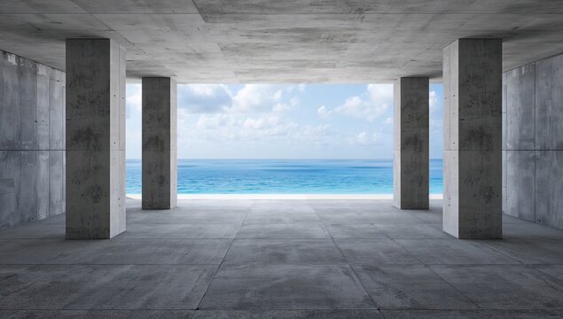 Abstract industrial interior featuring contemporary concrete with pillars and an ocean view, suitable for editorial header background
