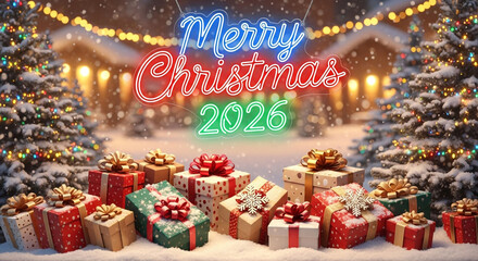 Obraz premium Bright Merry Christmas 2026 lights illuminating snowy winter scene with decorated presents