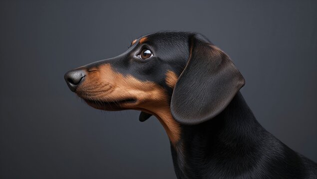 Dachshund dog portrait, playful puppy posing during photo session, displaying curiosity and attentiveness
