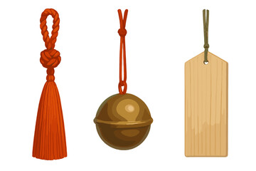 Traditional Japanese good luck charms set including an orange tassel, golden bell, and wooden tag