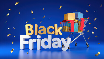 Black friday celebration with shopping cart and gift boxes on blue background