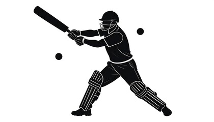 Silhouette illustration of a cricketer in batting stance, swinging at a ball. Depicts a helmeted player, ball in motion