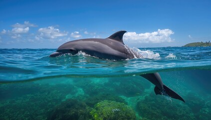 Obraz premium Dolphin gliding through the Pacific waters, showcasing marine life dynamics