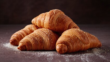 Close-up of a stack of fresh croissants on a dark surface, indulgent treat with refined sugar load