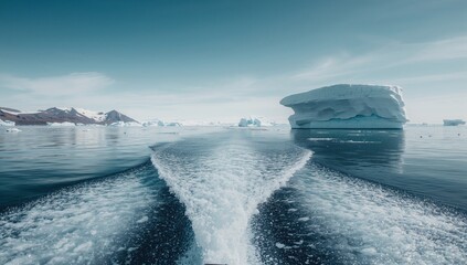 Water trail behind speed boat, melting icebergs along the coastline, highlighting the impact of climate change