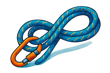 Bright blue climbing rope coiled and secured with an orange locking safety carabiner hook isolated on white background