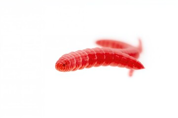 Close-up of a single red bloodworm against a white backdrop