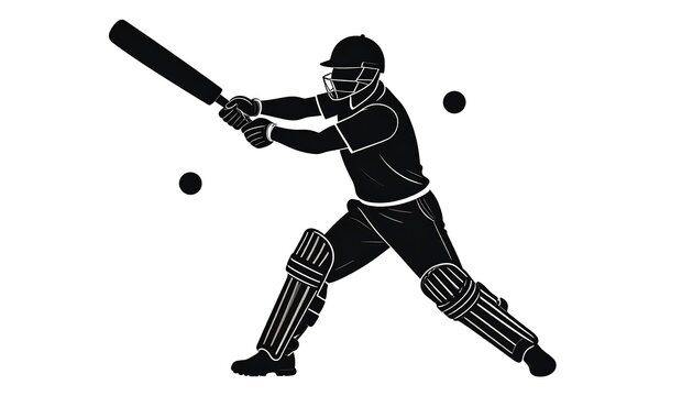 Silhouette illustration of a cricketer in batting stance, swinging at a ball. Depicts a helmeted player, ball in motion