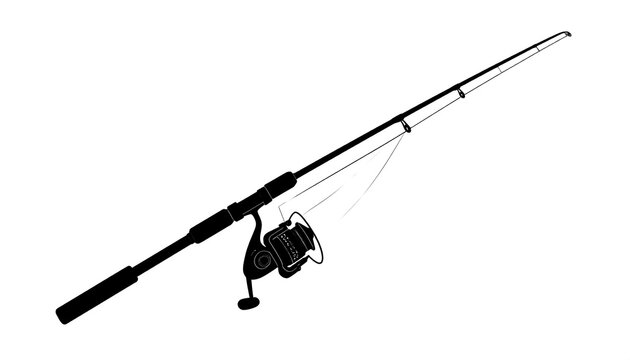 Silhouette image depicting a fishing rod with reel. The rod is straight with a grip, reel, and guide rings, cast toward the upper right
