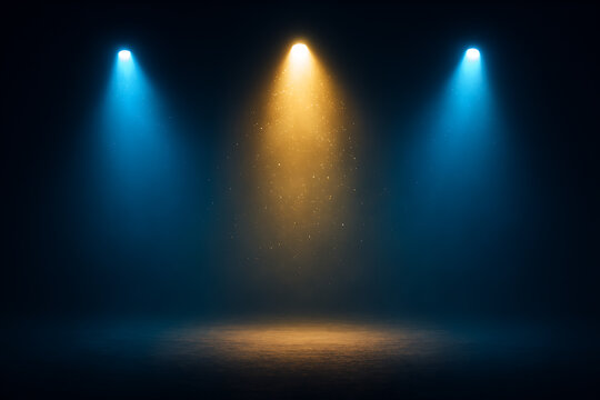 Three bright spotlights illuminating a dark stage with blue and orange light beams