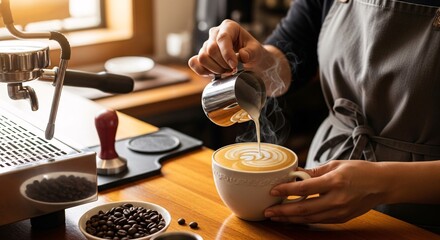 Barista pouring milk into coffee drink creating latte art design