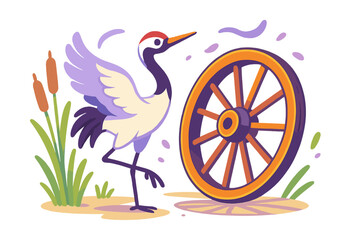 Naklejka premium Red-crowned crane standing next to an antique wooden wagon wheel in a marsh