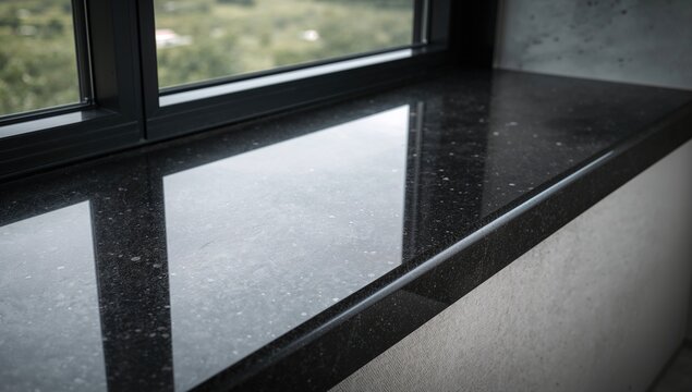 A Contemporary Windowsill with a Polished, Shiny Black Stone Top, Ideal for Interior Design