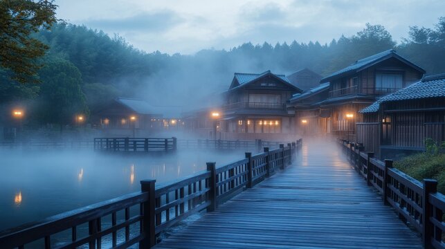 Misty morning at a traditional japanese village with wooden bridge and glowing lanterns, creating an atmospheric and mysterious scene