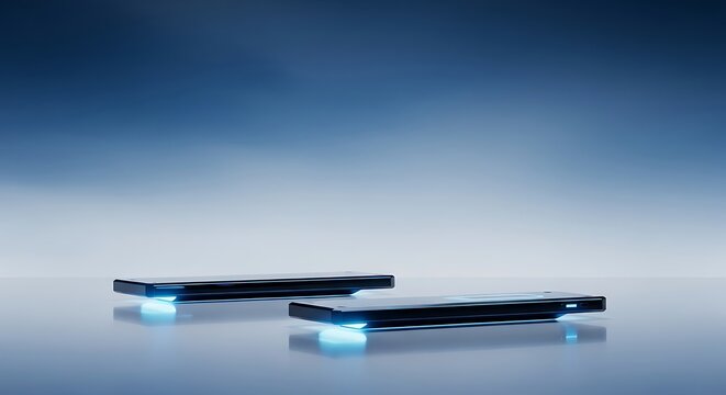 Two illuminated glass prisms with a soft blue gradient background