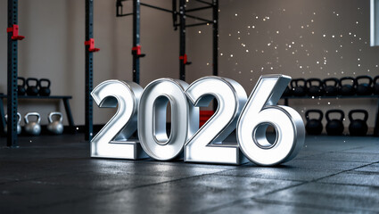 2026 new year celebration in modern gym with sparkling decorations and kettlebells