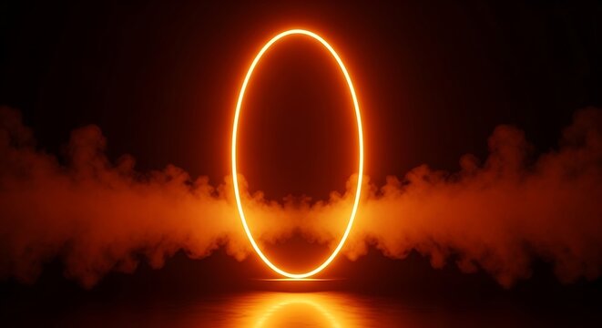 Glowing orange oval neon portal or gateway in a dark abstract environment
